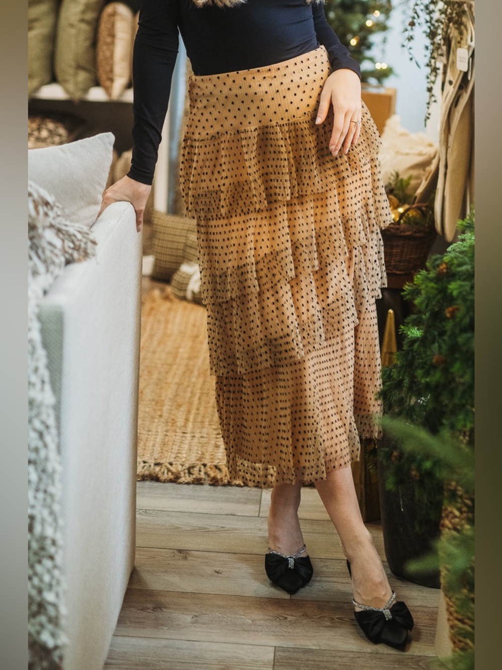 Lucy Paris Camel Pleated Tulle Midi Skirt with Black Polka Dots Women’s XL